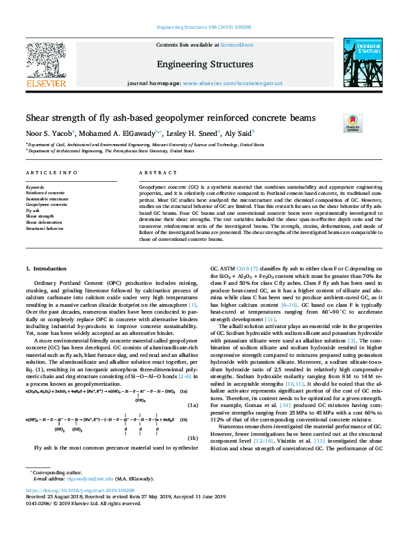 (PDF) Shear strength of fly ash-based geopolymer reinforced concrete beams
