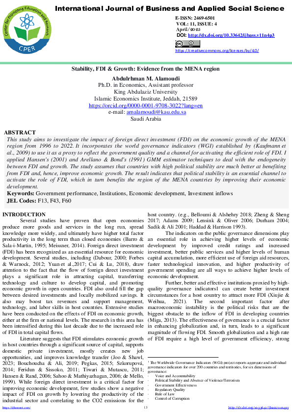 (PDF) Stability, FDI & Growth: Evidence from the MENA region