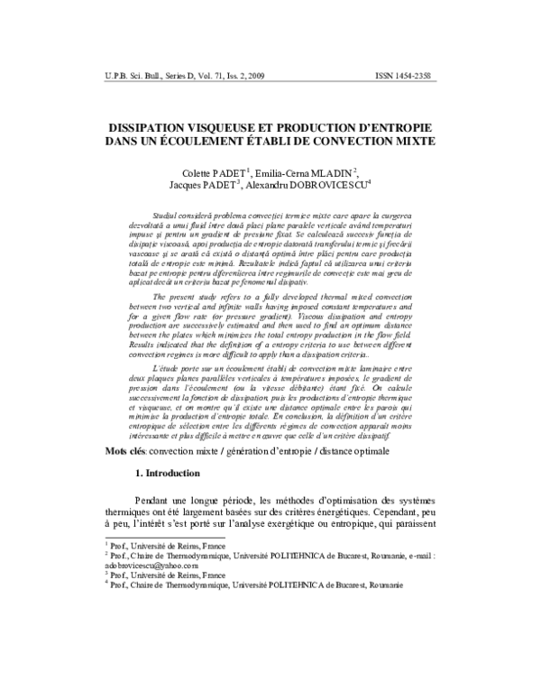 (PDF) Dissipation Visqueuse et Production D'Entropie Dans Un Écoulement ...