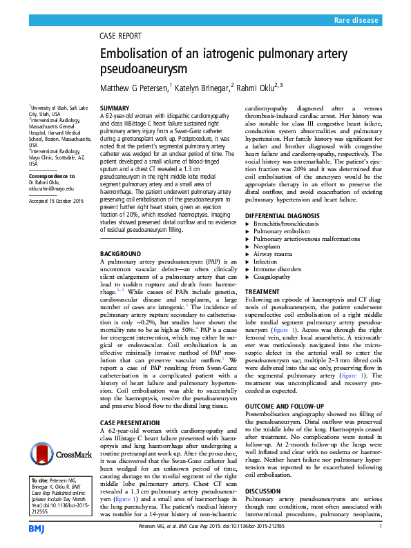 (PDF) Embolisation of an iatrogenic pulmonary artery pseudoaneurysm ...