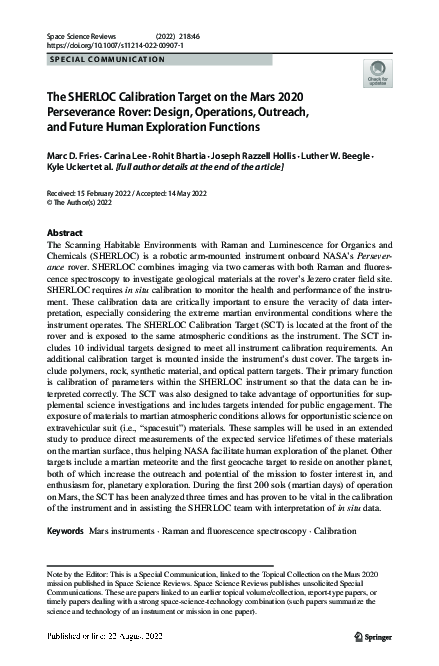 (PDF) The SHERLOC Calibration Target on the Mars 2020 Perseverance ...