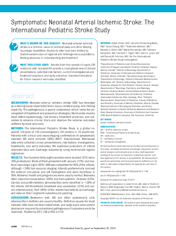 (PDF) Symptomatic Neonatal Arterial Ischemic Stroke: The International ...