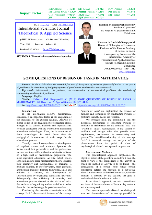 (PDF) Some Questions of Design of Tasks in Mathematics