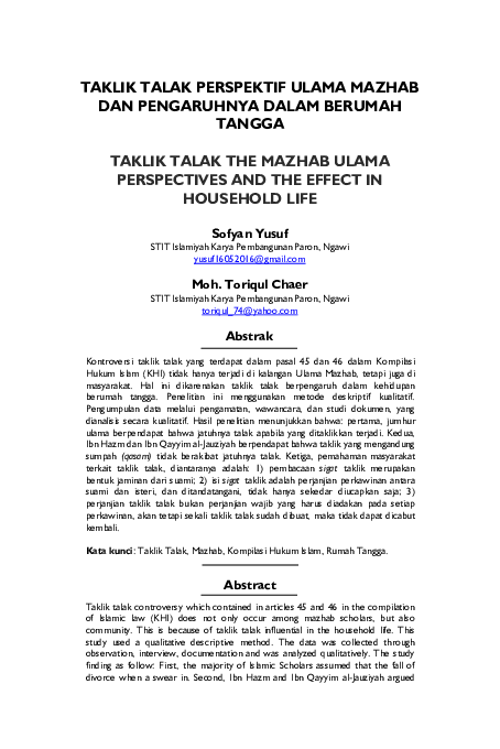 (PDF) Taklik Talak Perspektif Ulama Mazhab dan Pengaruhnya dalam ...