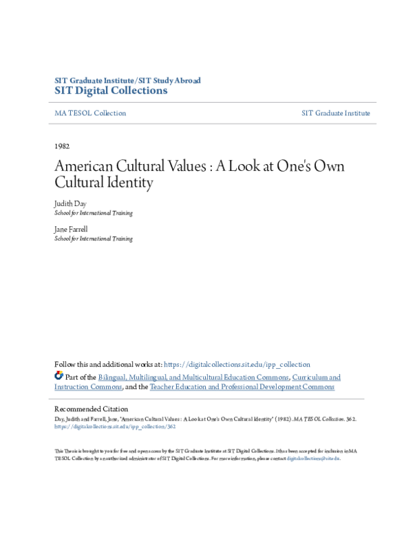 (PDF) American Cultural Values : A Look at One's Own Cultural Identity