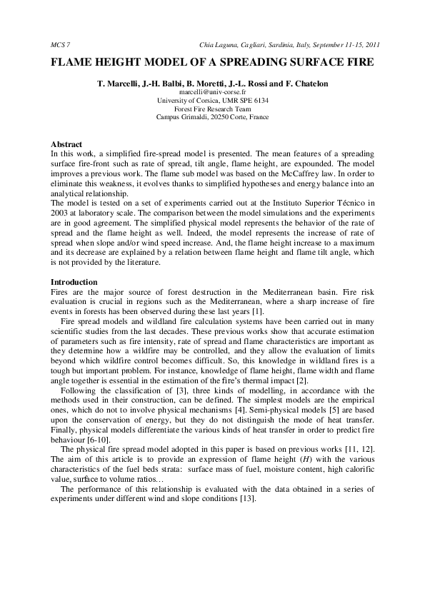 (PDF) Flame height model of a spreading surface fire
