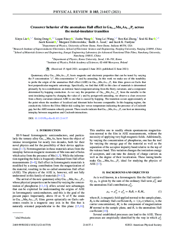 (PDF) Crossover behavior of the anomalous Hall effect in Ga1−xMnxAs1− ...