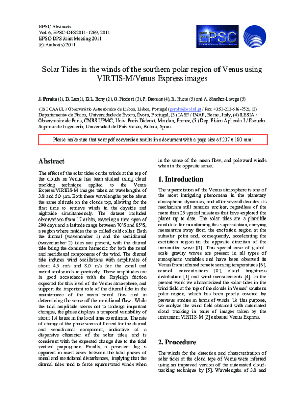 (PDF) Solar Tides in the winds of the southern polar region of Venus ...