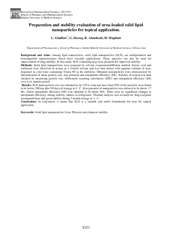 (PDF) Preparation and stability evaluation of urea-loaded solid lipid ...