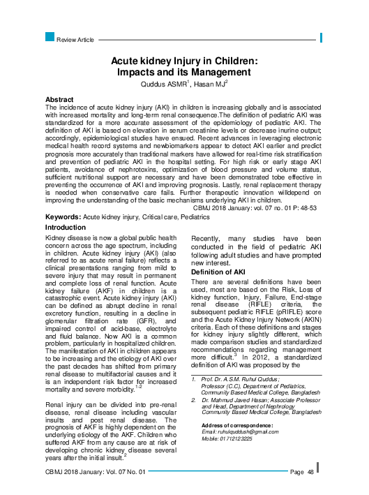 (PDF) Acute kidney Injury in Children: Impacts and its Management