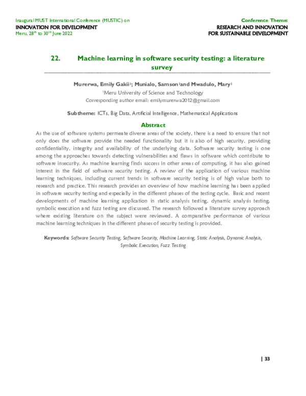 (PDF) Machine learning in software security testing: a literature survey