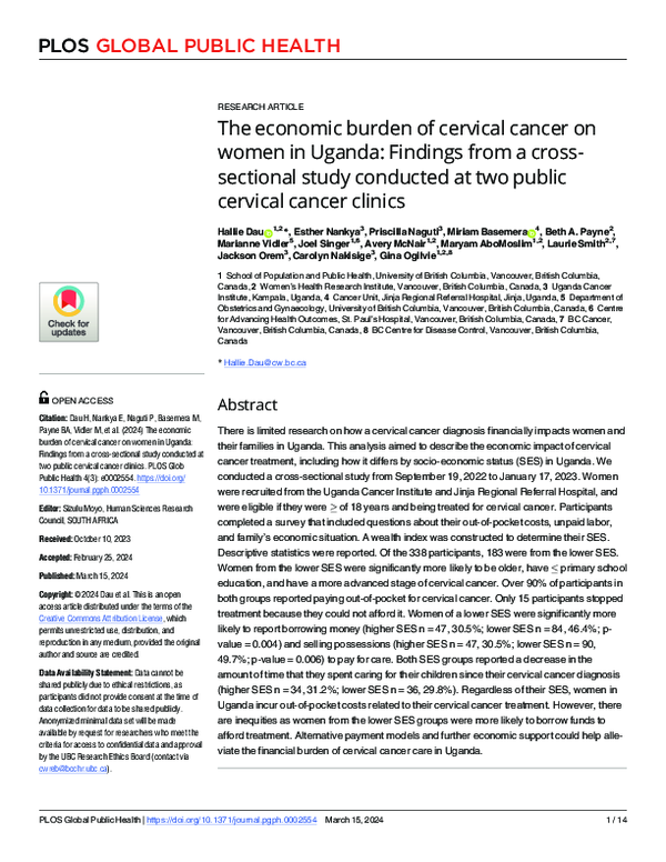 (PDF) The economic burden of cervical cancer on women in Uganda ...