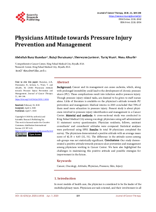 (PDF) Physicians Attitude towards Pressure Injury Prevention and Management