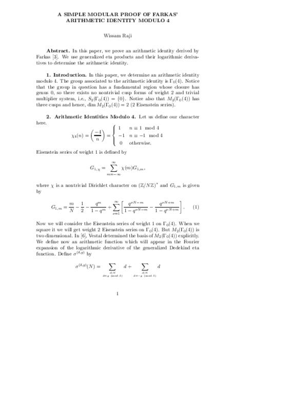 (PDF) A Simple Modular Proof of Farkas' Arithmetic Identity Modulo 4