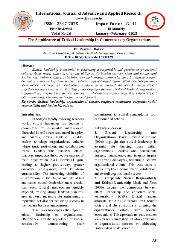 (PDF) The Significance of Ethical Leadership in Contemporary Organizations