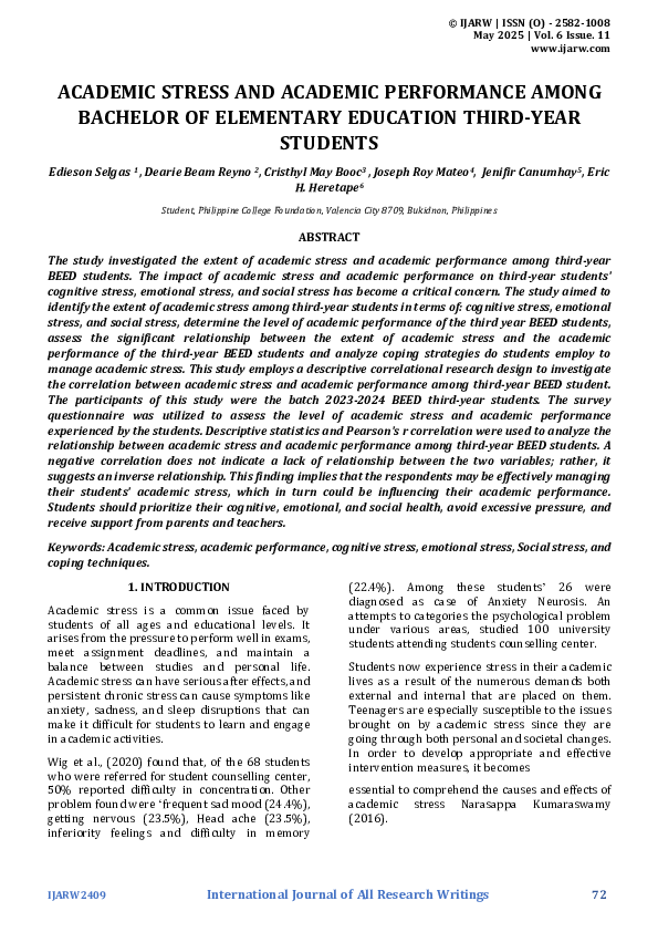 (PDF) ACADEMIC STRESS AND ACADEMIC PERFORMANCE AMONG BACHELOR OF ...