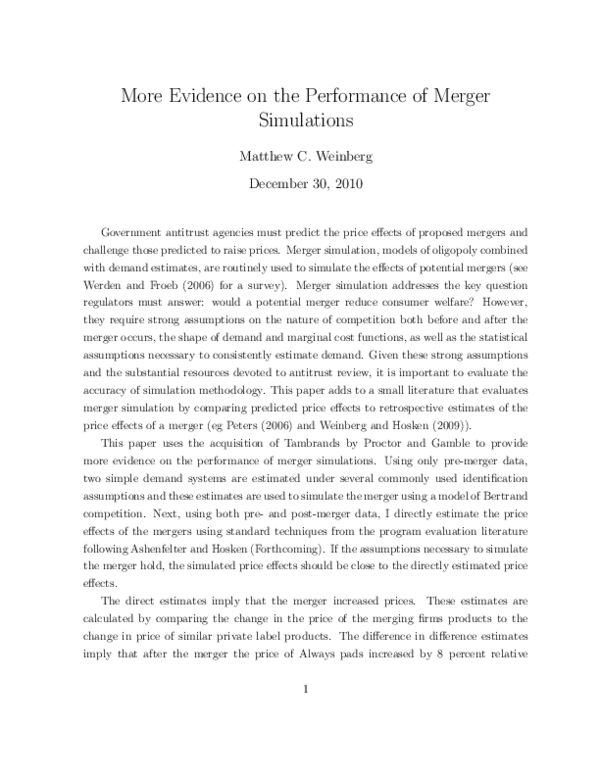 (PDF) More Evidence on the Performance of Merger Simulations