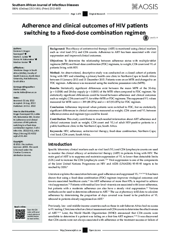 (PDF) Adherence and clinical outcomes of HIV patients switching to a ...