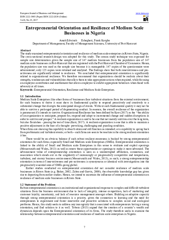 (PDF) Entrepreneurial Orientation and Resilience of Medium Scale ...