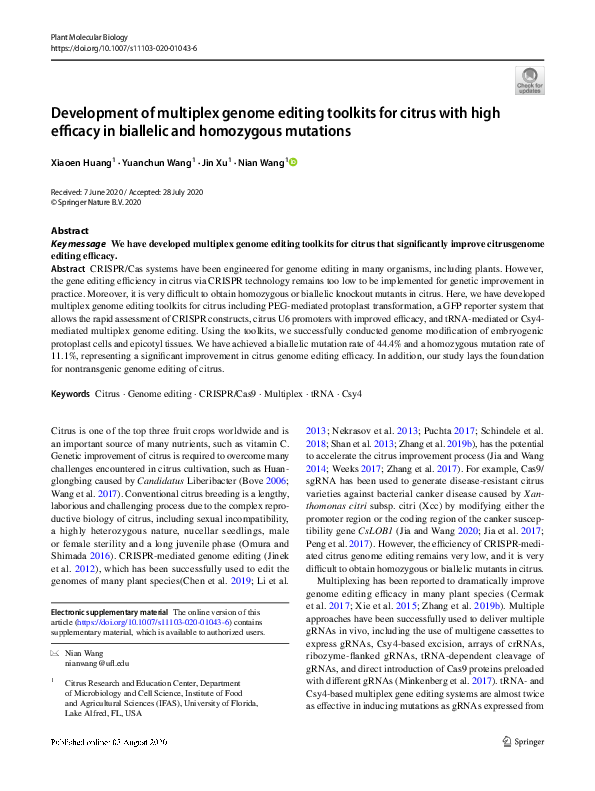 (PDF) Development of multiplex genome editing toolkits for citrus with ...