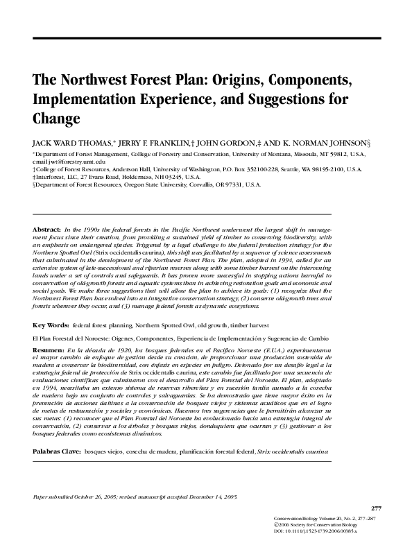 (PDF) The Northwest Forest Plan: Origins, Components, Implementation ...