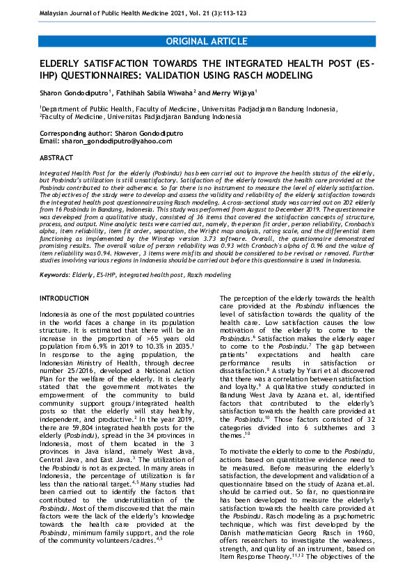 (PDF) Elderly Satisfaction Towards the Integrated Health Post (Es-Ihp ...