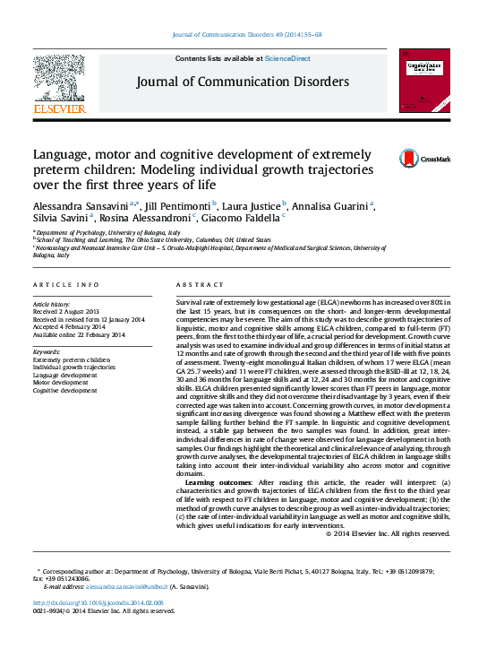 (PDF) Language, motor and cognitive development of extremely preterm ...