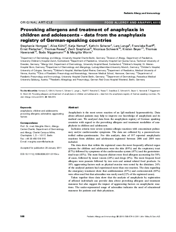 (PDF) Provoking allergens and treatment of anaphylaxis in children and ...