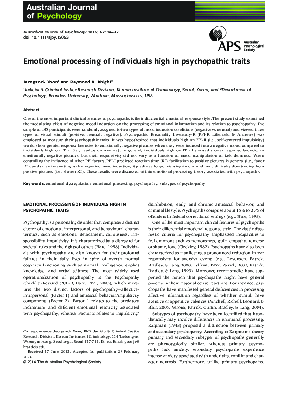 (PDF) Emotional processing of individuals high in psychopathic traits