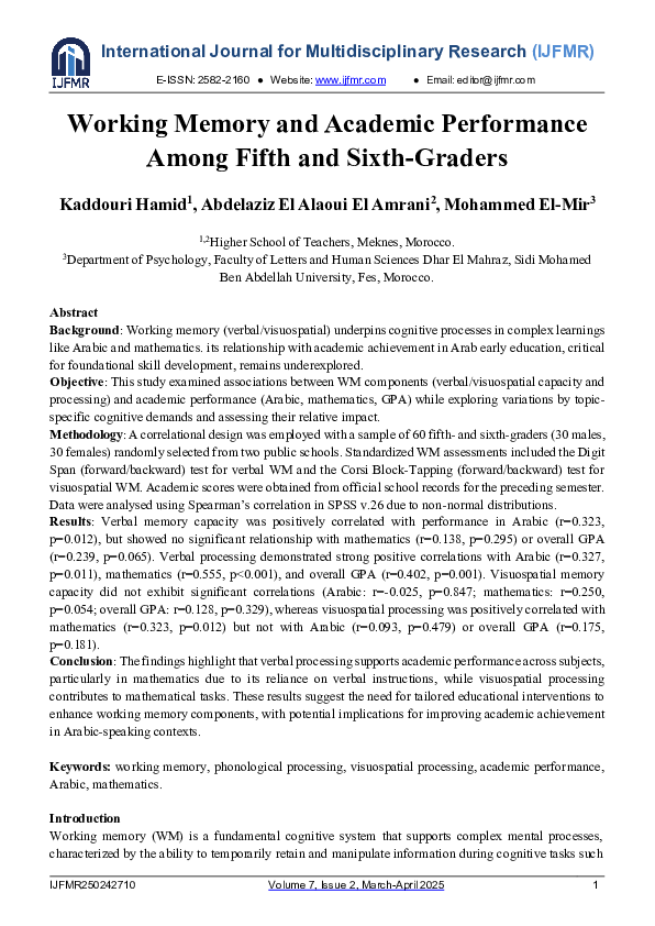 (PDF) Working Memory and Academic Performance Among Fifth and Sixth-Graders