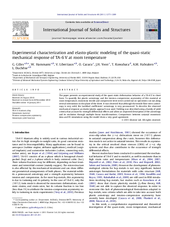 (PDF) Experimental characterization and elasto-plastic modeling of the ...