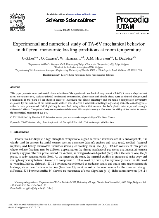 (PDF) Experimental and numerical study of TA6V mechanical behavior ...