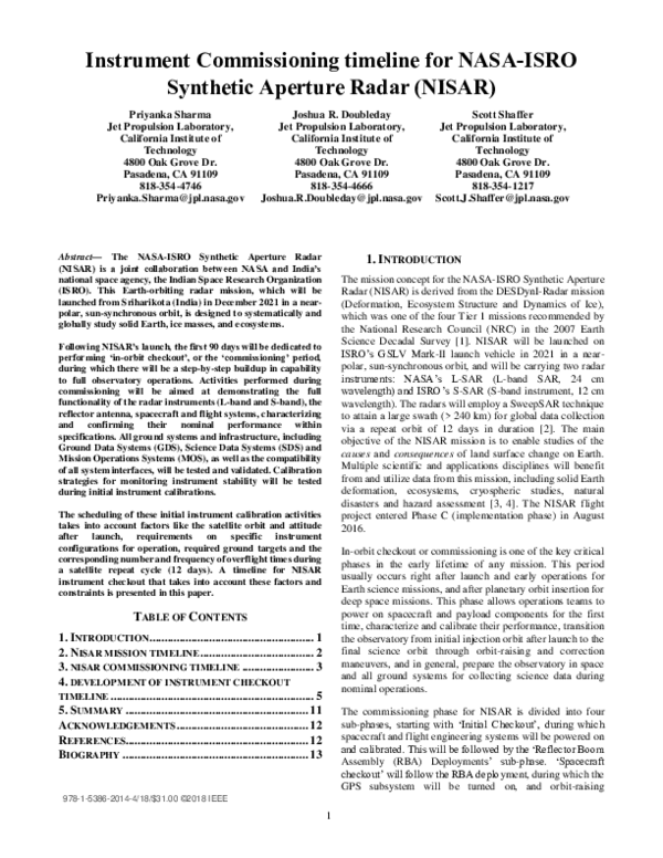 (PDF) Instrument commissioning timeline for NASA-ISRO Synthetic ...