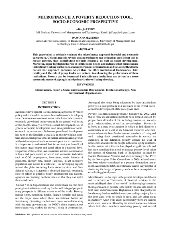 (PDF) MICROFINANCE; A POVERTY REDUCTION TOOL, SOCIO-ECONOMIC PROSPECTIVE