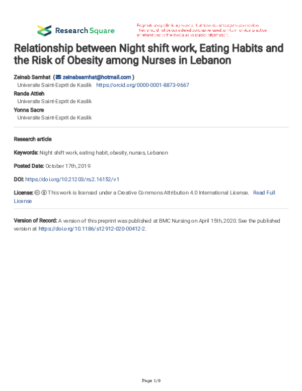 (PDF) Relationship between Night shift work, Eating Habits and the Risk ...