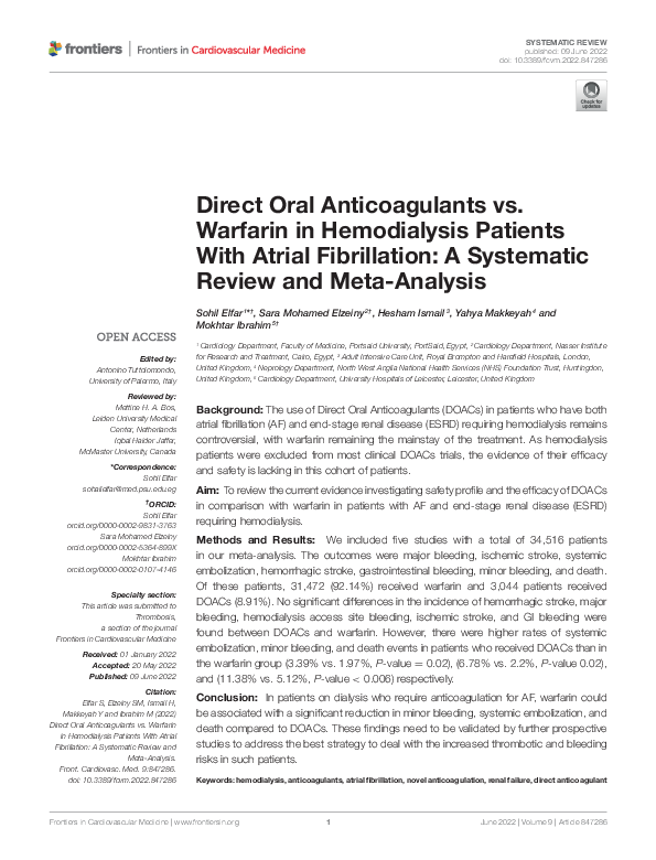 (PDF) Direct Oral Anticoagulants vs. Warfarin in Hemodialysis Patients ...