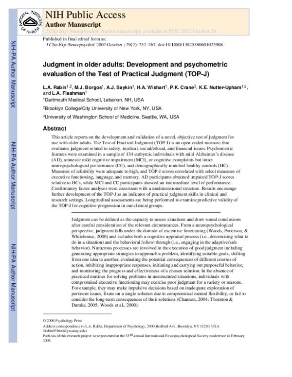 (PDF) Judgment in older adults: Development and psychometric evaluation ...