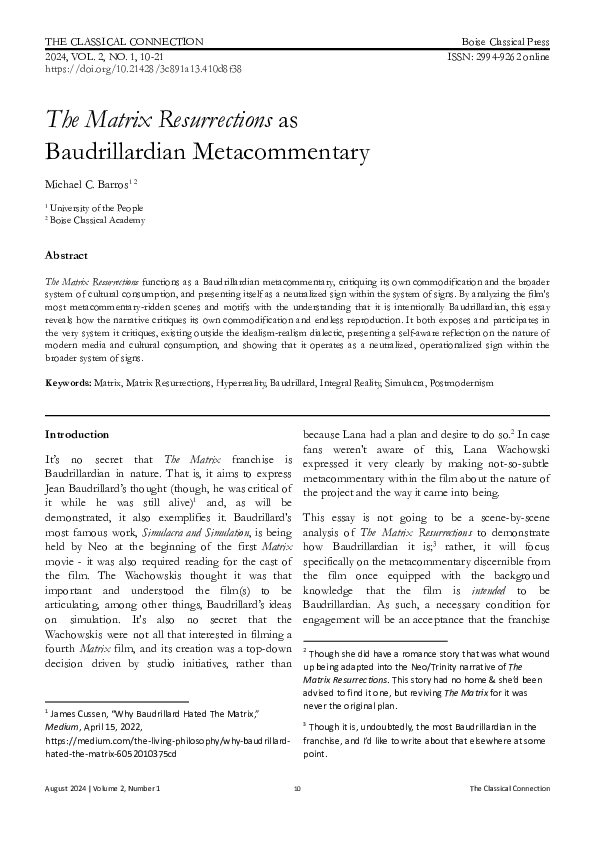 (PDF) The Matrix Resurrections as Baudrillardian Metacommentary