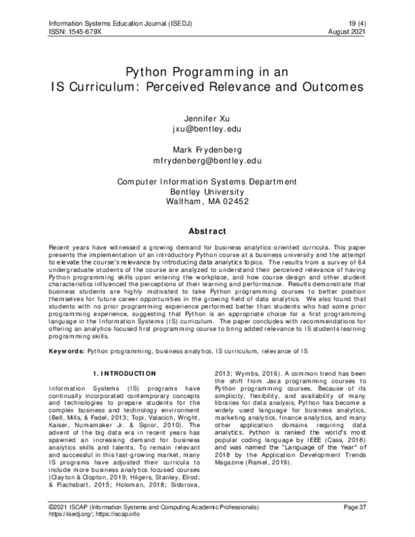 (PDF) Python Programming in an IS Curriculum: Perceived Relevance and ...