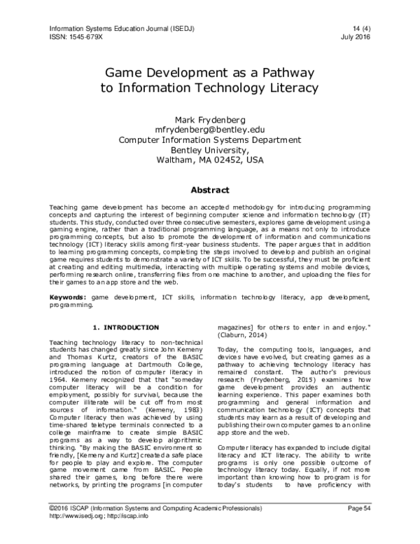 (PDF) Game Development as a Pathway to Information Technology Literacy