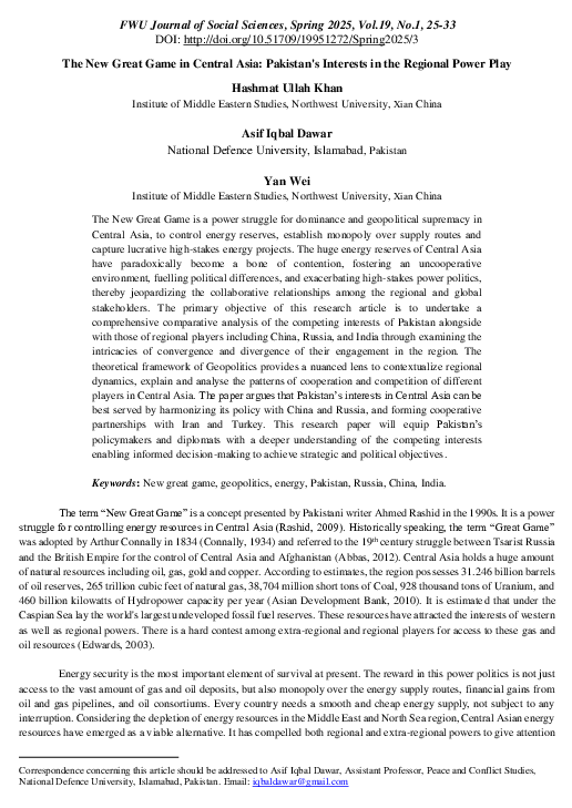 (PDF) The New Great Game in Central Asia: Pakistan's Interests in the ...