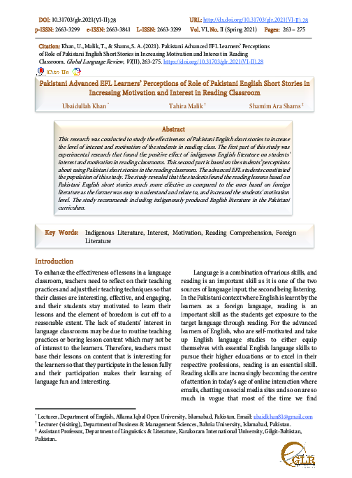 (PDF) Pakistani Advanced EFL Learners' Perceptions of Role of Pakistani ...
