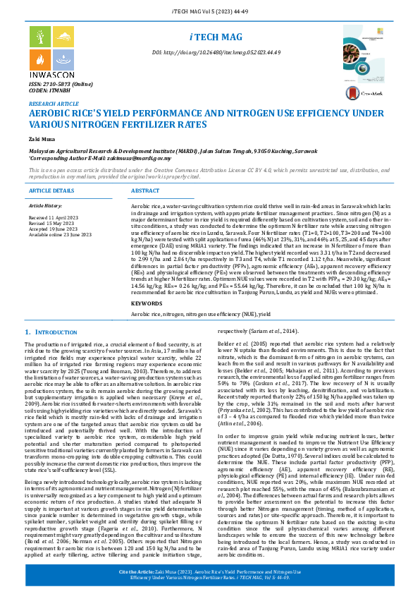 (PDF) Aerobic Rice's Yield Performance and Nitrogen Use Efficiency ...