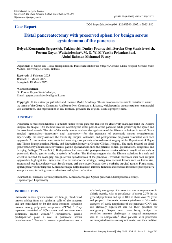 (PDF) Distal pancreatectomy with preserved spleen for benign serous ...
