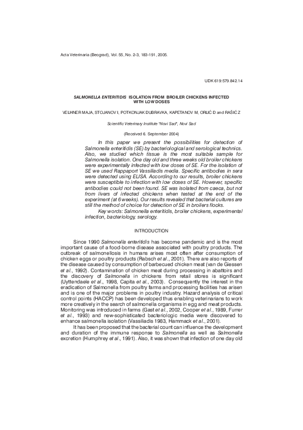 (PDF) Salmonella enteritidis isolation from broiler chickens infected ...