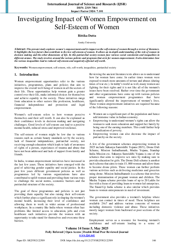 (PDF) Investigating Impact of Women Empowerment on Self-Esteem of Women