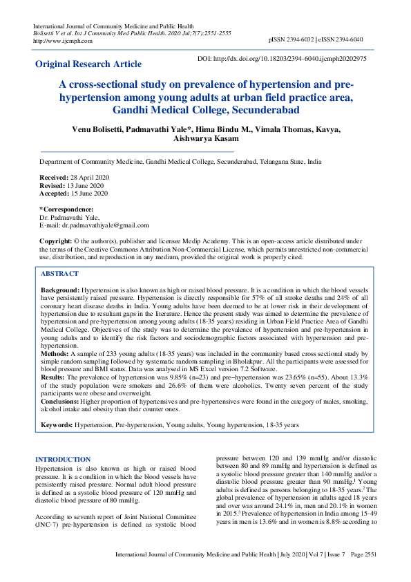 (PDF) A cross-sectional study on prevalence of hypertension and pre ...