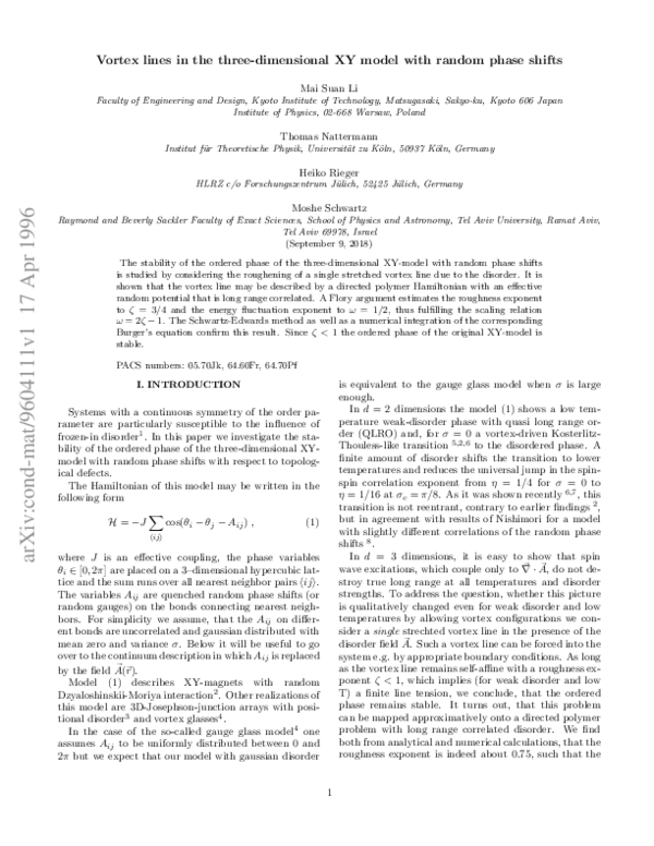 (PDF) Vortex lines in the three-dimensionalXYmodel with random phase shifts
