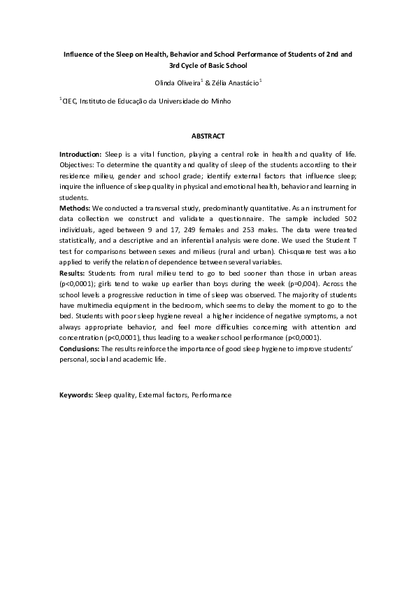 (PDF) Influence of the sleep on health, behavior and school performance ...