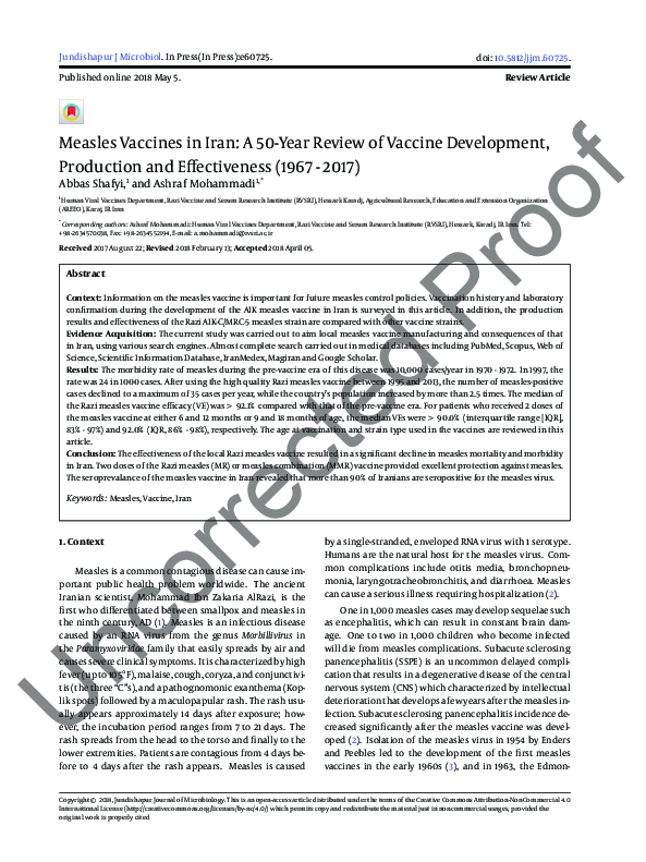 (PDF) Measles Vaccines in Iran: A 50-Year Review of Vaccine Development ...